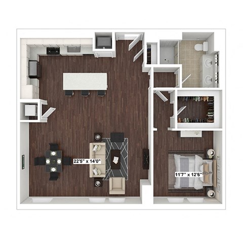 Floor plan for 1 bed, 1 bath, 1068 sqft